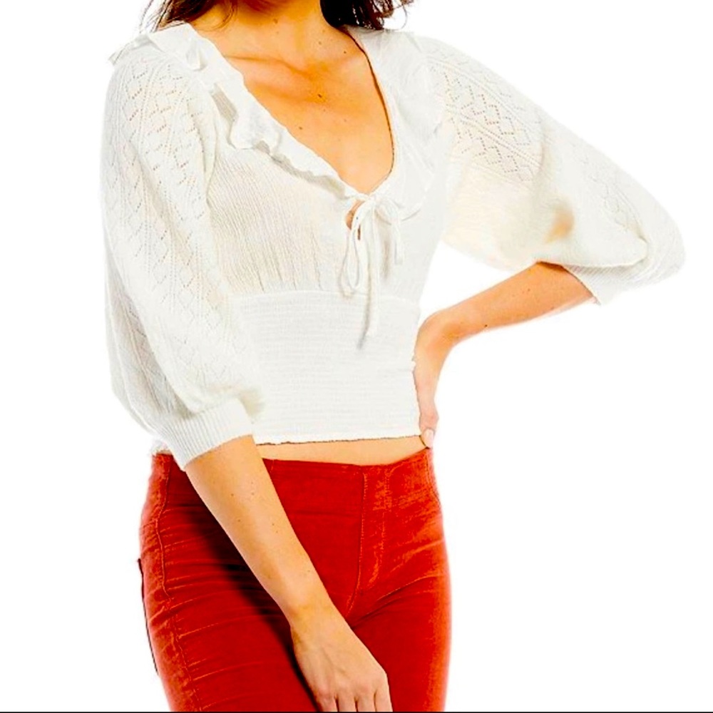 NWT Free People Billie Cascade Ruffle Tie Scoop Neck 3/4 Puff Sleeve Smocked Top